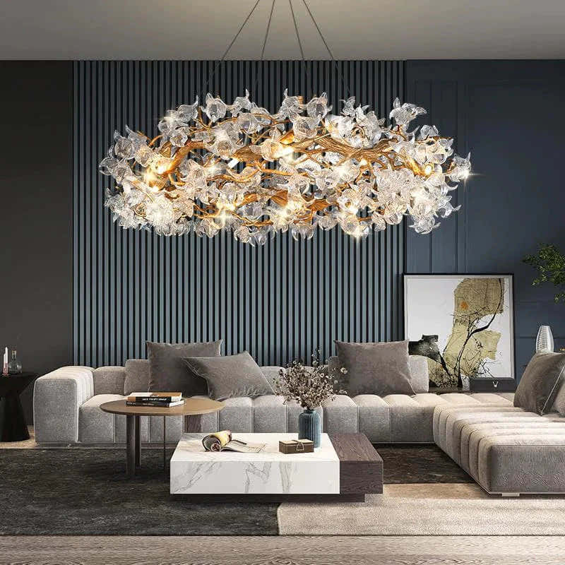 Modern Petal Crystal Round Brass Branch Chandelier For Living Room