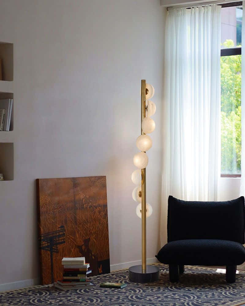 Vertical Antique Alabaster Globes in semi-flush fixtures Standing Marble Floor lamp