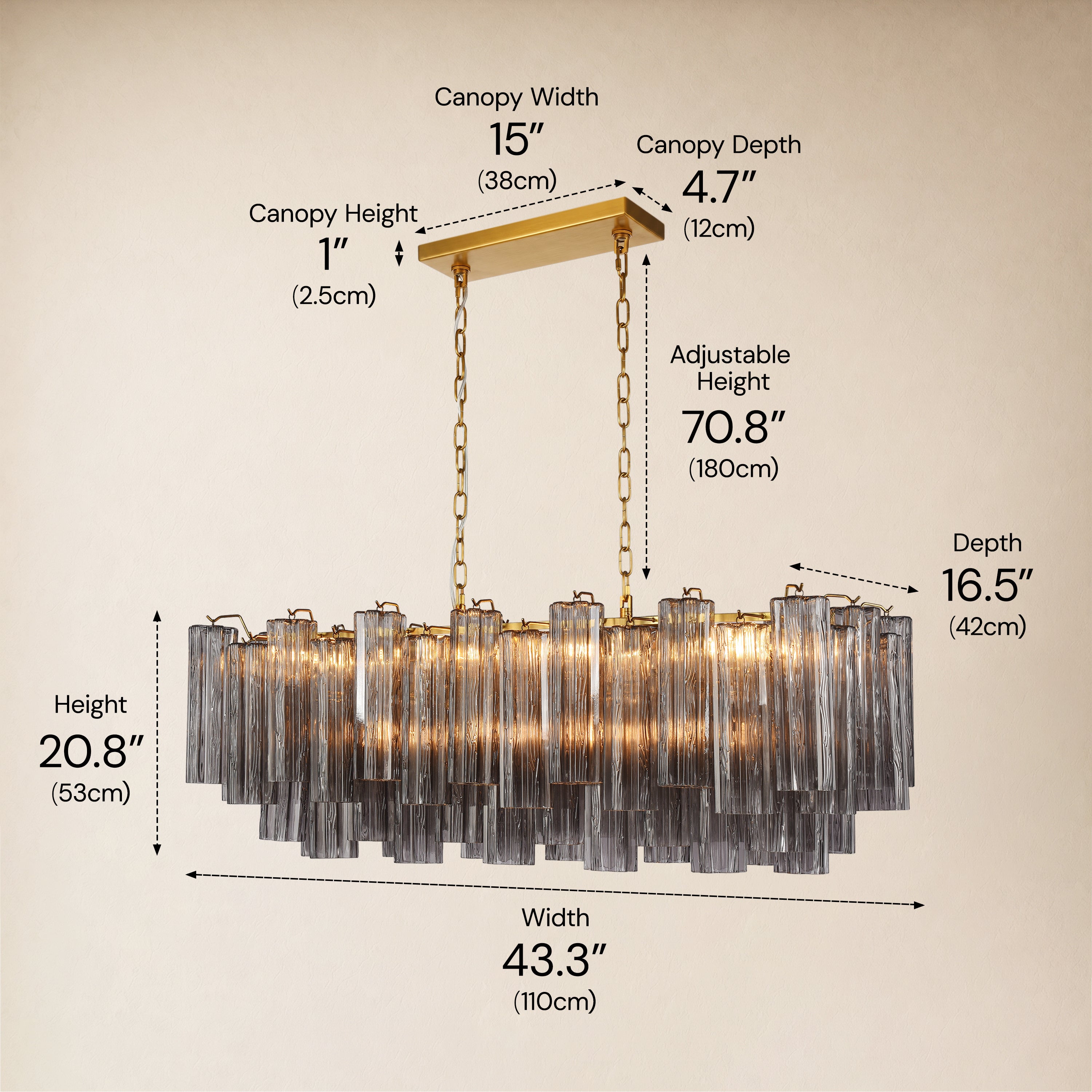 Hexalia Murano Glass Linear Chandelier 43 inch dimensions