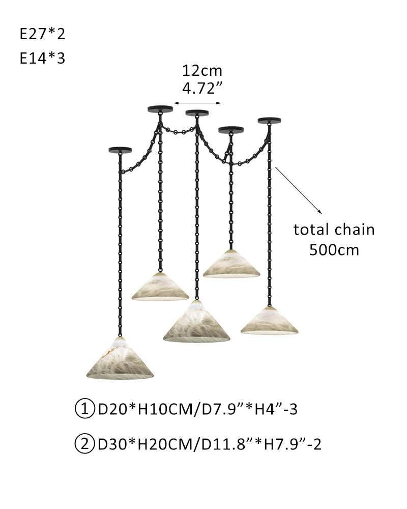 Medium 12" Conical Pendant White Alabaster Shade with Adjustable Chain for living room