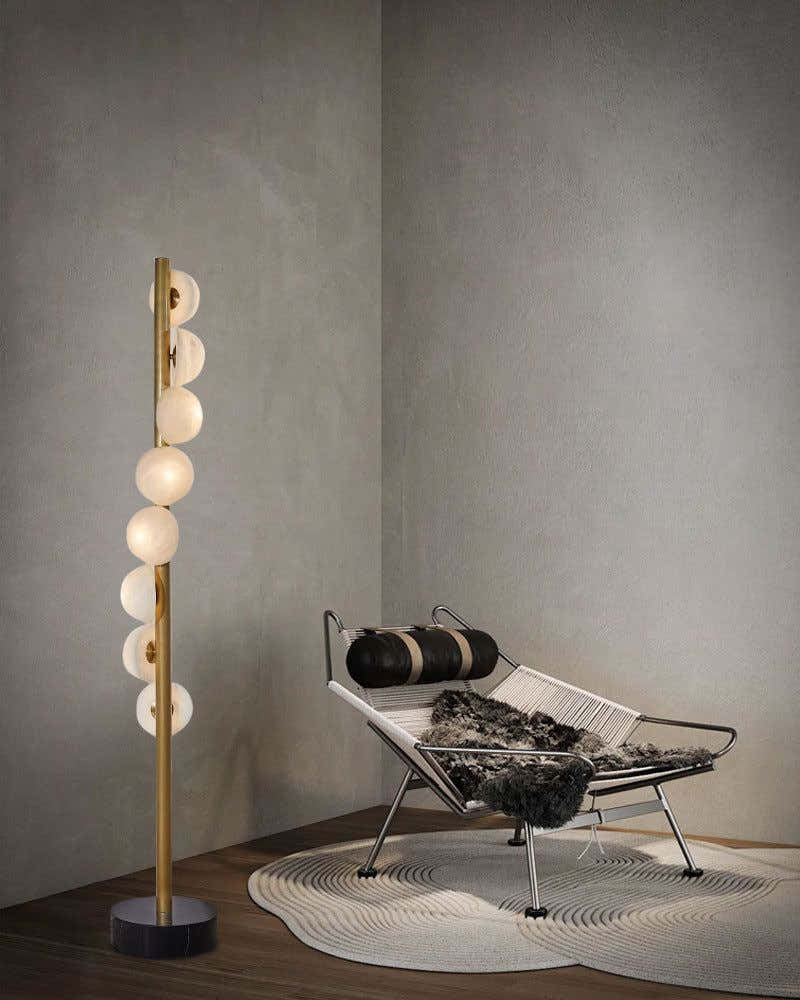 Vertical Antique Alabaster Globes in semi-flush fixtures Standing Marble Floor lamp