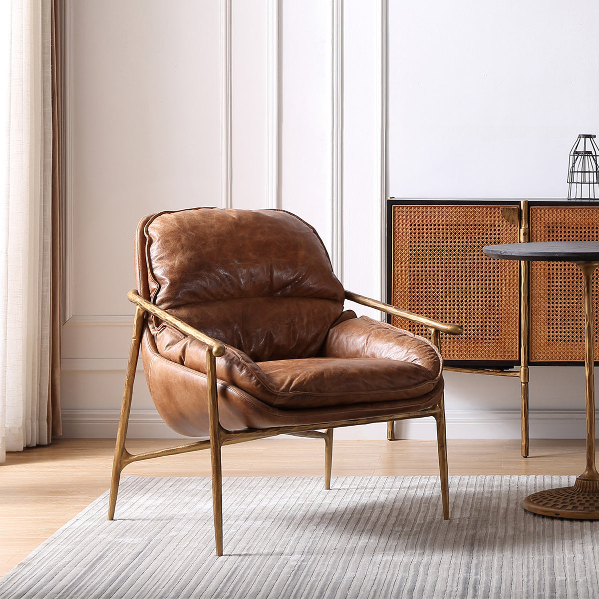 Hand-Forged Metal Brown Leather Accent Chairs