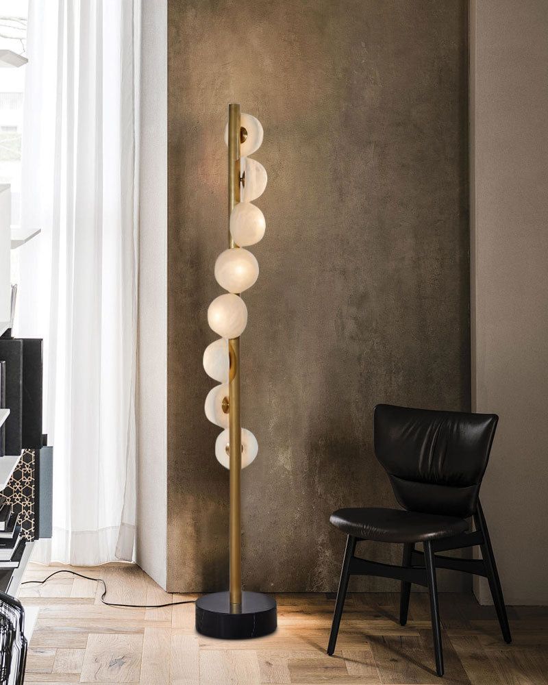 Vertical Antique Alabaster Globes in semi-flush fixtures Standing Marble Floor lamp