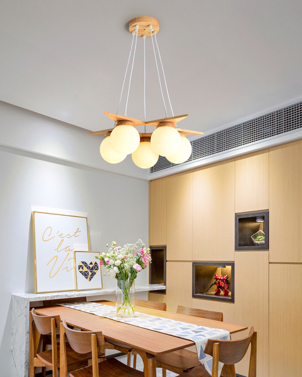 Wooden Star With Glass Chandelier