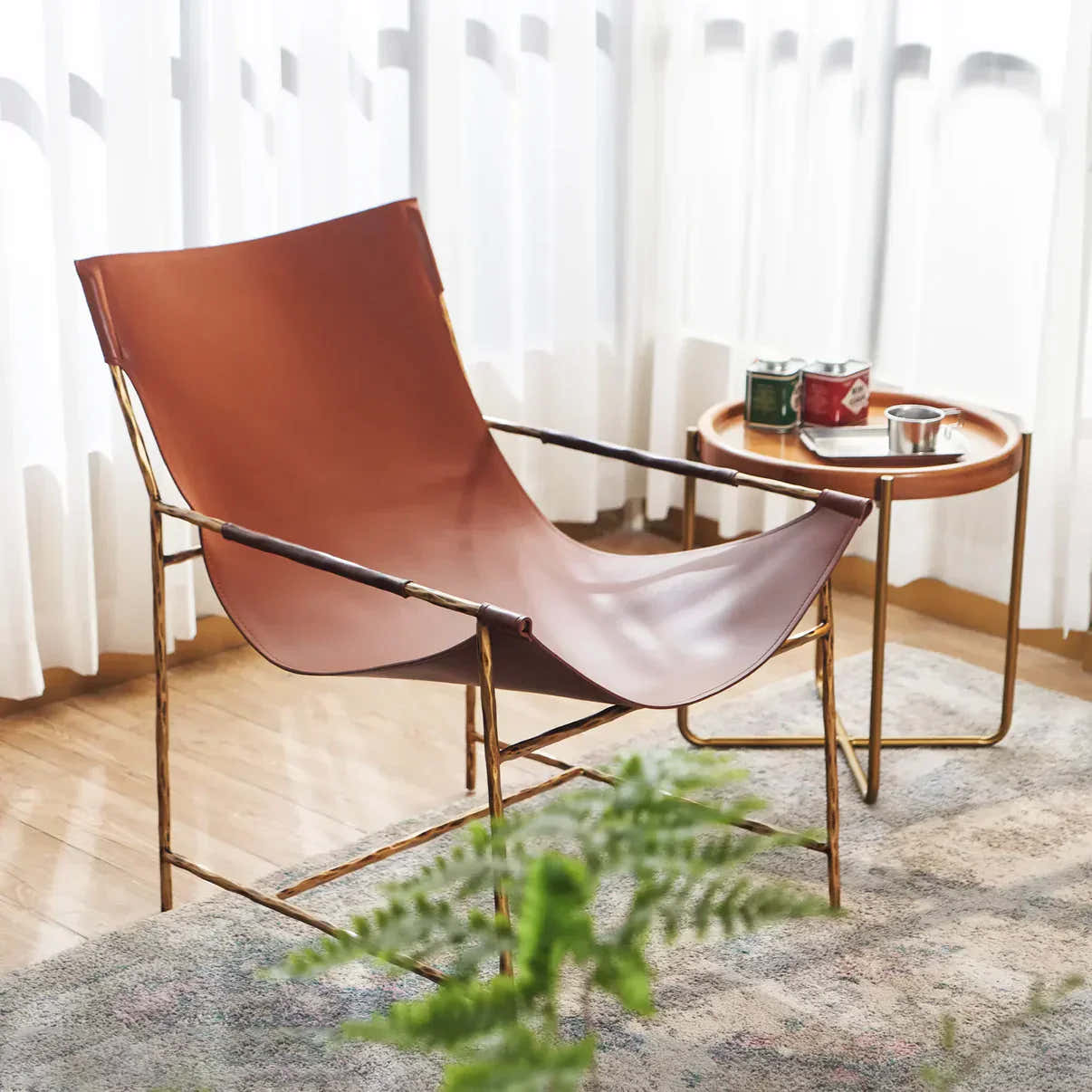 Hand-Forged Metal Brown Leather Lounge Chair