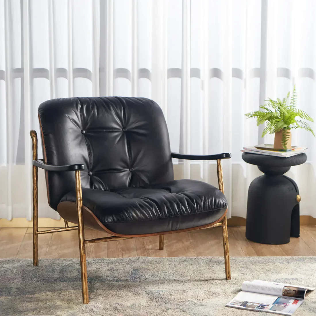 Hand-Forged Metal Black Leather Accent Chairs