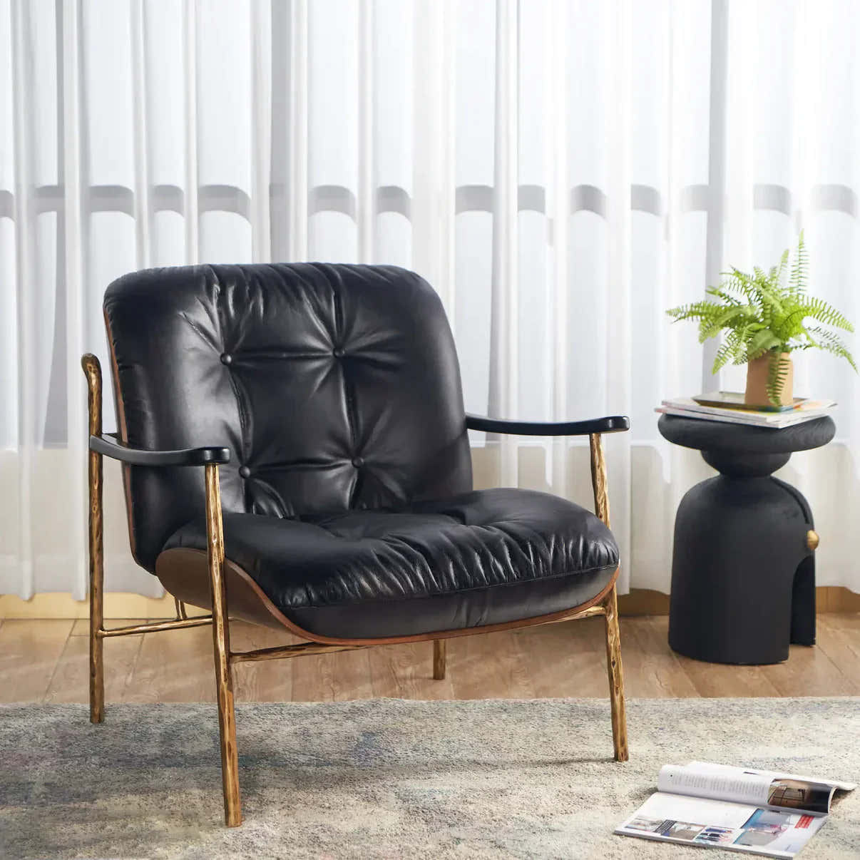 Hand-Forged Metal Black Leather Accent Chairs