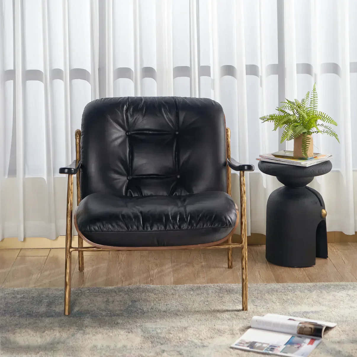 Hand-Forged Metal Black Leather Accent Chairs