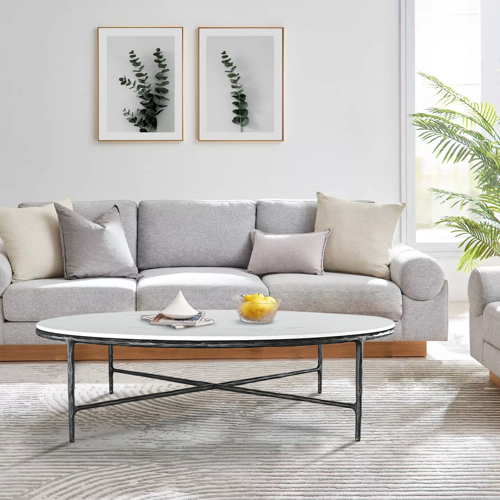 Hand-Forged Metal Marble Round Coffee Table 36" 55"