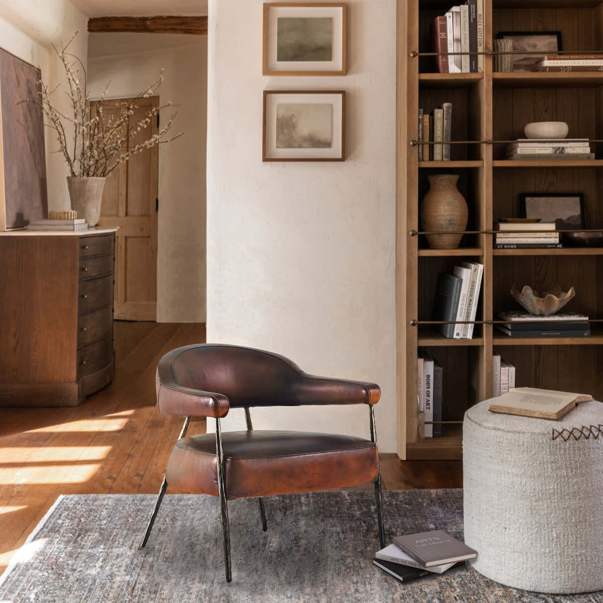 Hand-Forged Metal Brown Leather Lounge Armchair