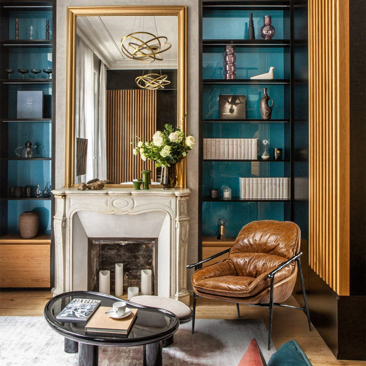 Hand-Forged Metal Brown Leather Accent Chairs