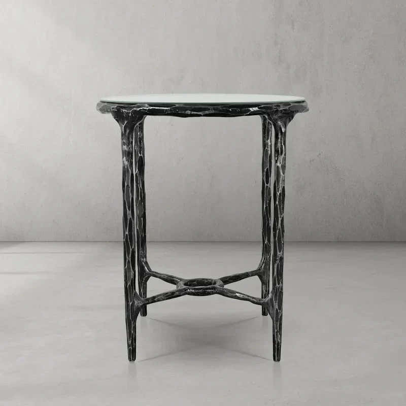 Hand-Forged Metal Glass Round Side Table 3 Leg 24"D