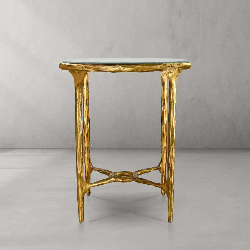 Hand-Forged Metal Glass Round Side Table 3 Leg 24"D