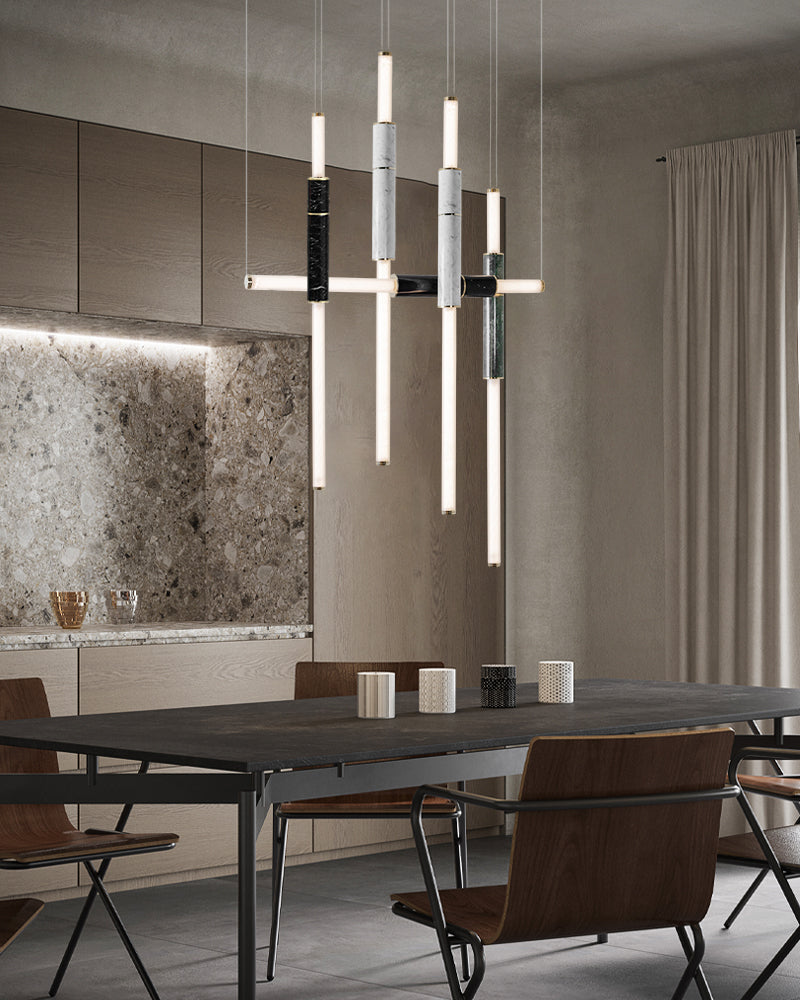 Linear Pipe Alabaster & Acrylic Pendant Light for dining room | vertically & horizontally