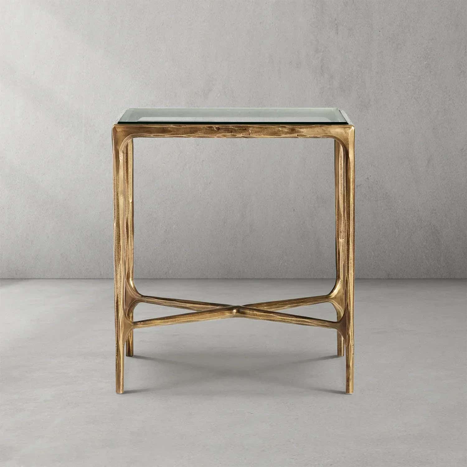 Hand-Forged Metal Glass Square Side Table 18" 22"