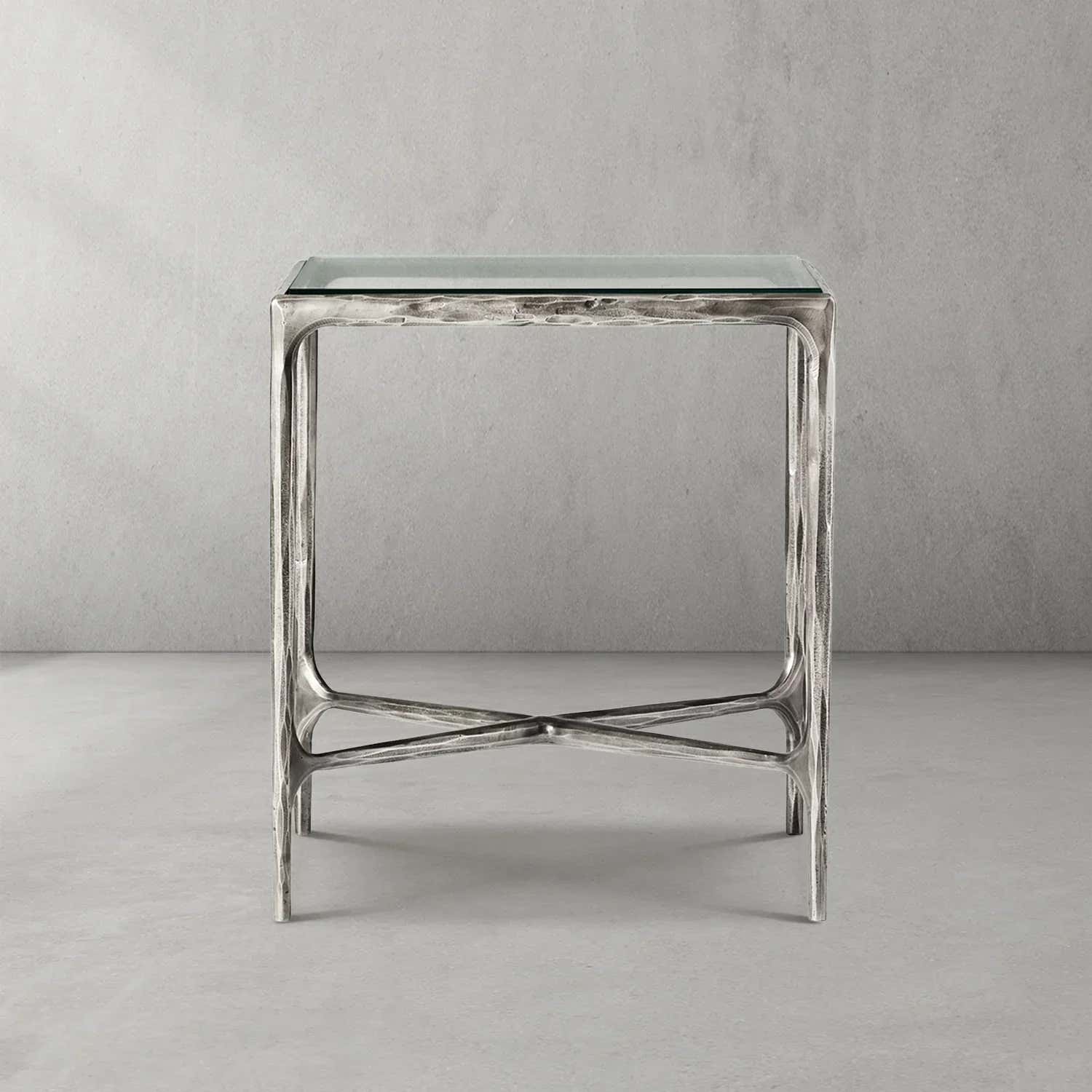 Hand-Forged Metal Glass Square Side Table 18" 22"