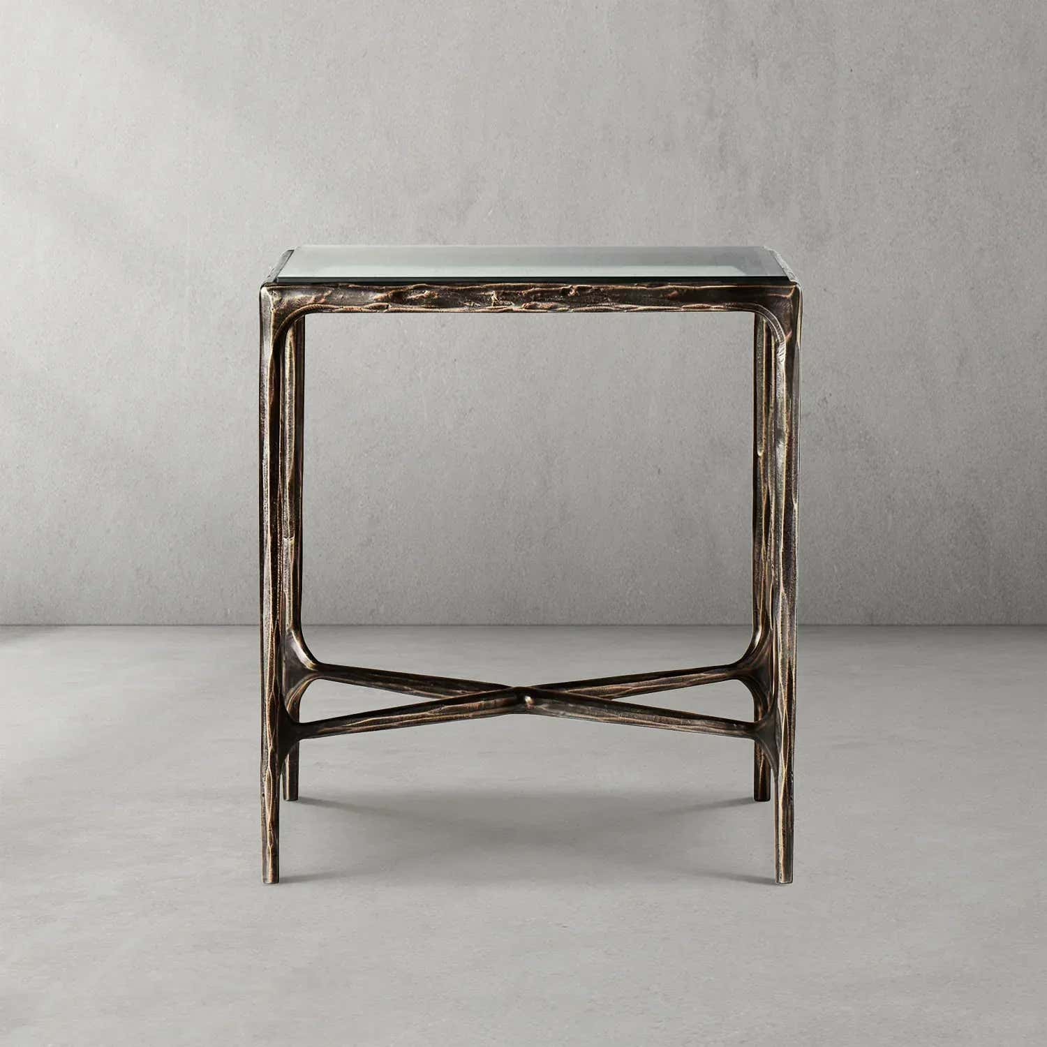 Hand-Forged Metal Glass Square Side Table 18" 22"