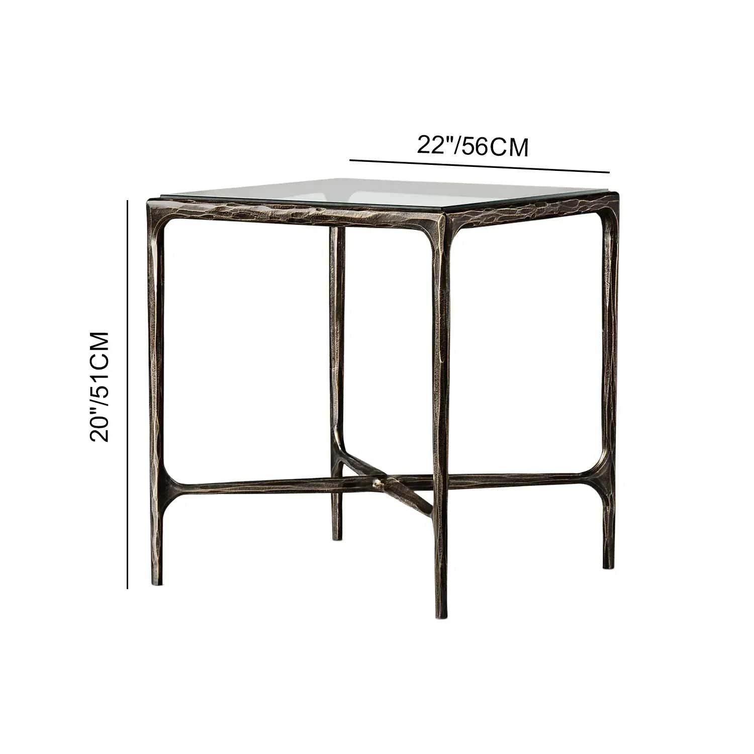 Hand-Forged Metal Glass Square Side Table 18" 22"