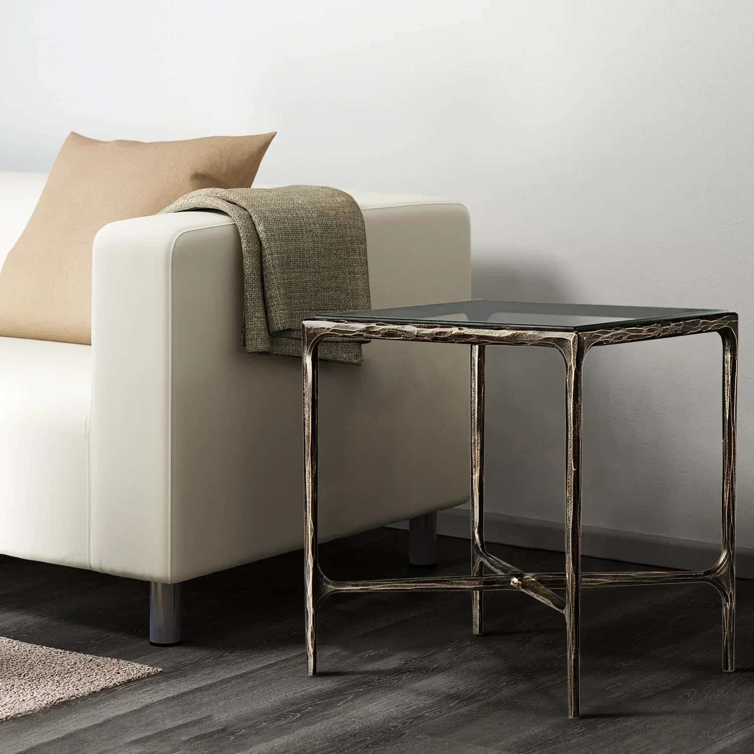 Hand-Forged Metal Glass Square Side Table 18" 22"